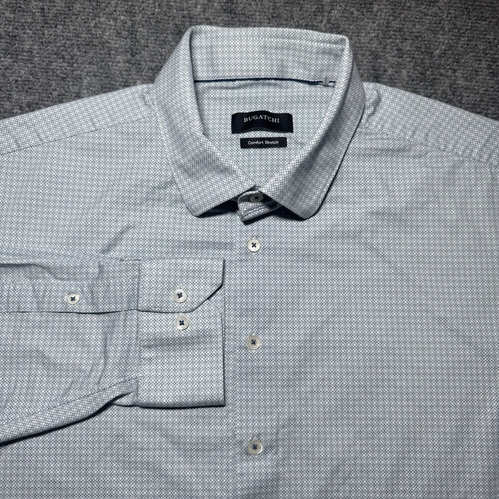 Bugatchi Comfort Stretch Button Up Shirt Men XXL Blue White Geometric Dress